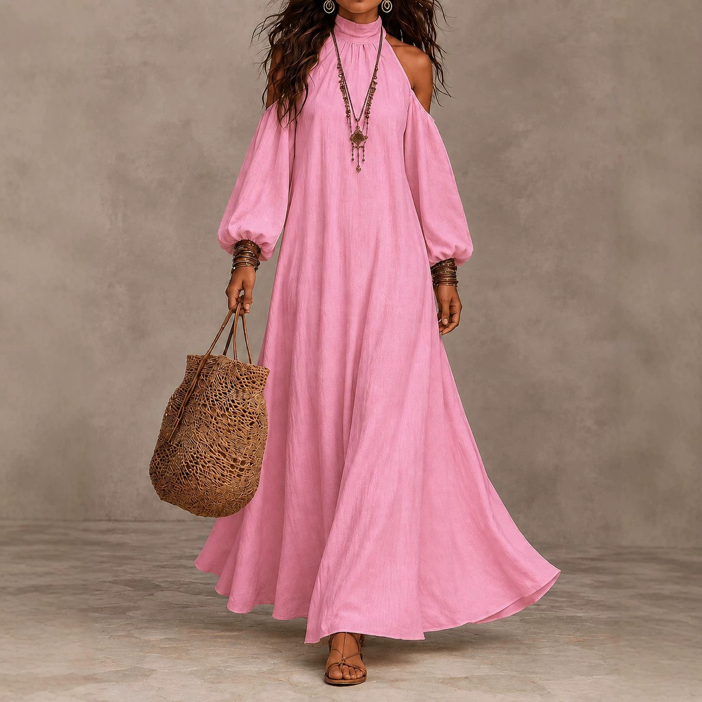 Women's Off-Shoulder Halter Neck Lantern Sleeve A-Line Maxi Dress