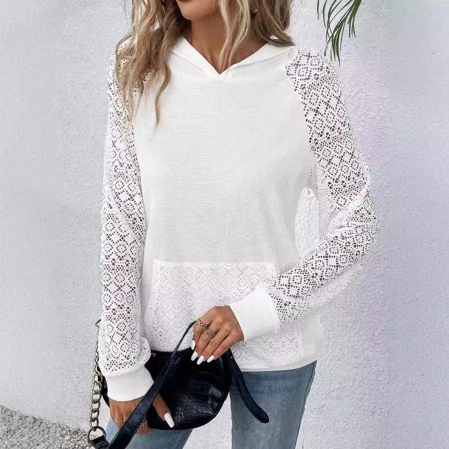 Women's Lace Waffle Knit Hooded Sweatshirt Casual Pullover
