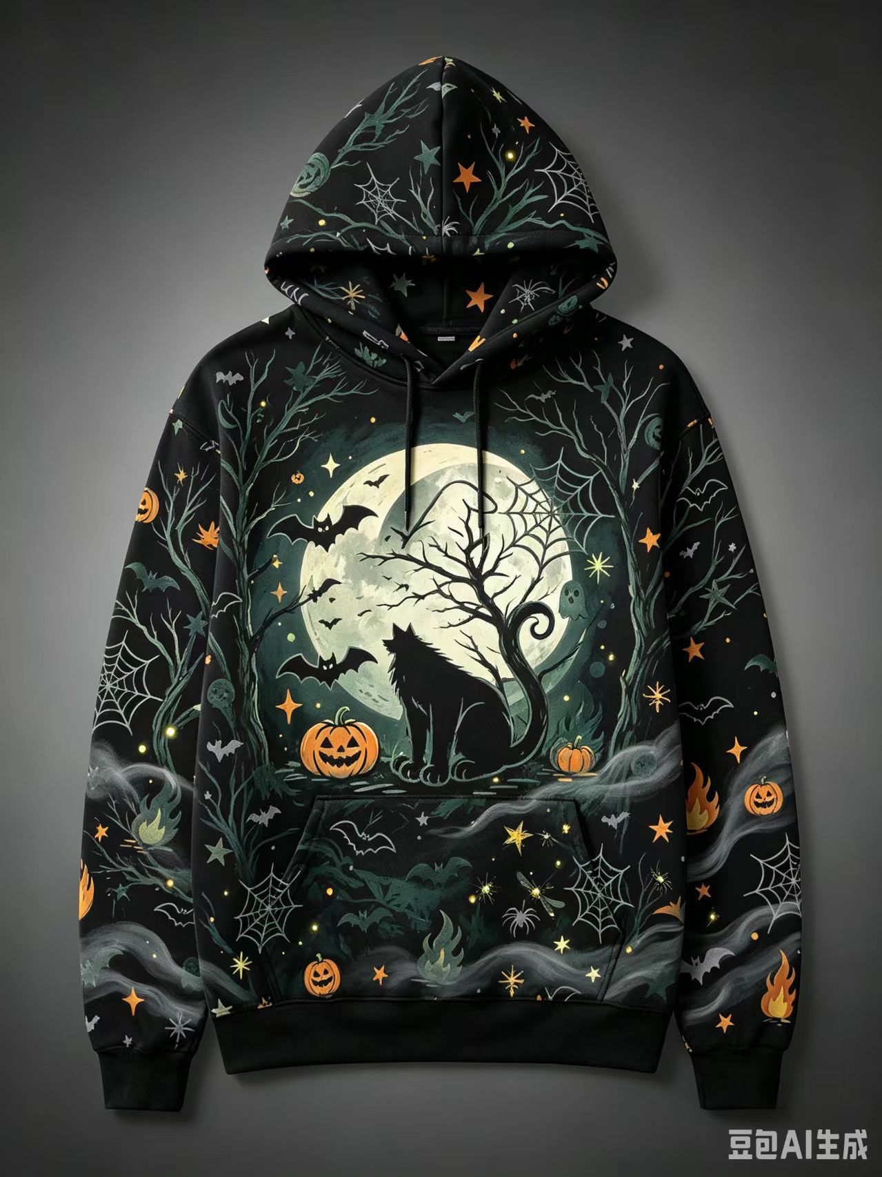 Women's Halloween Print Hoodie Cat Ghost Pullover