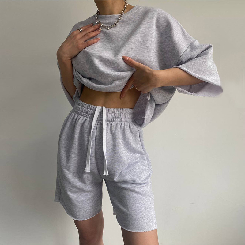Women's Casual Two-Piece Set Short Sleeve Crew Neck Drawstring Shorts