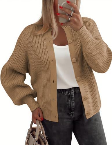 Women's Chunky Knit Button-Front Cardigan Sweater Long Sleeve Crew Neck