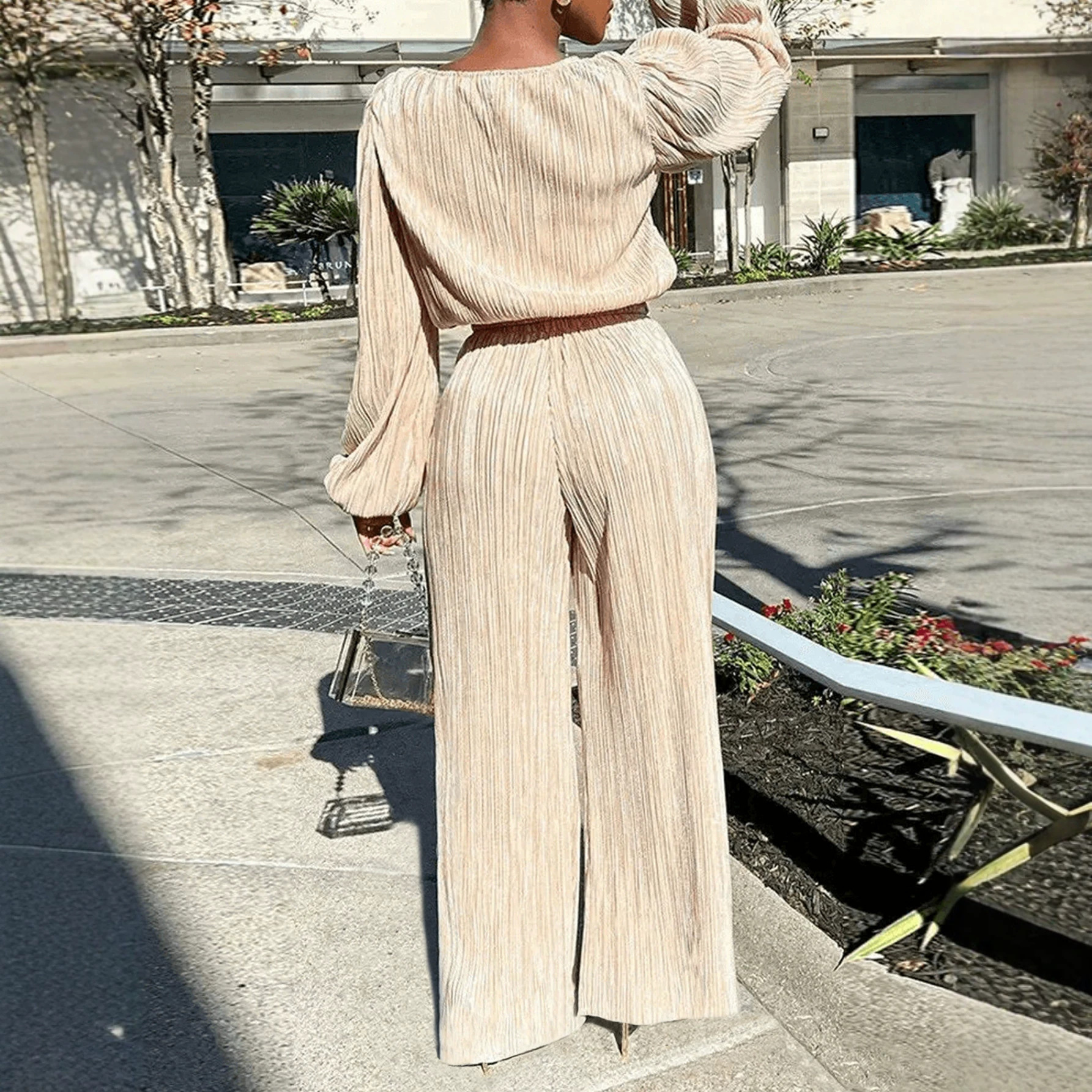 Women's Pleated Waist Straight-Leg Pants and Long-Sleeve Top Set