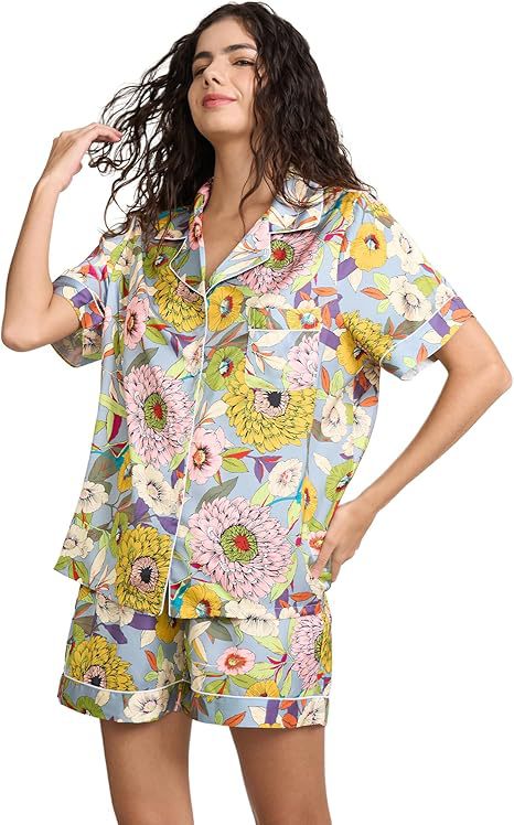 Women's Cuban Collar Satin Striped Print Short Sleeve Shirt Set