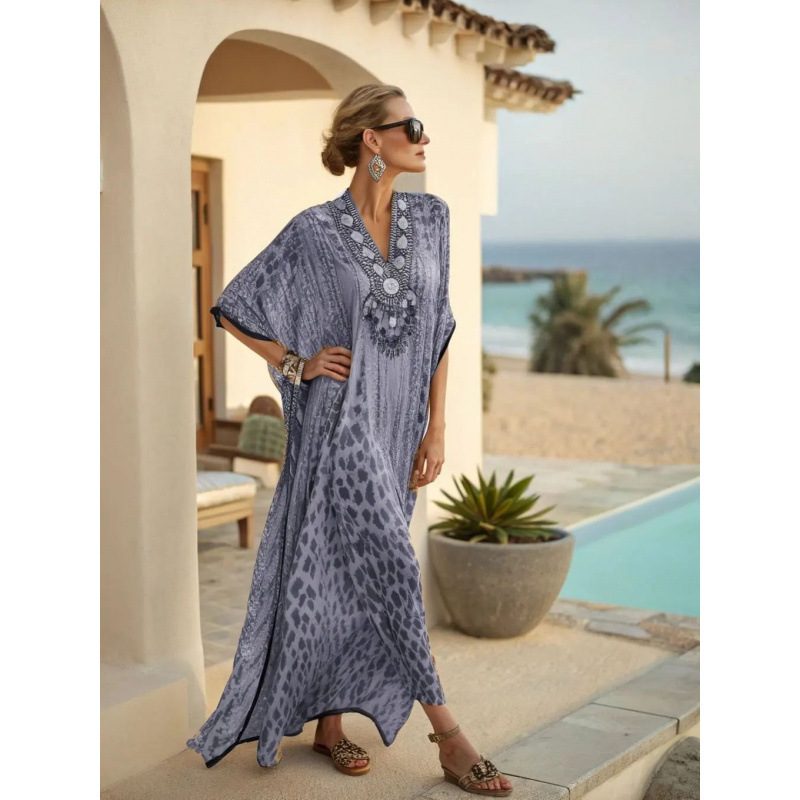 Women's Polka Dot & Solid Print Midi Dress, Slim Fit Deep V-Neck Half Sleeve