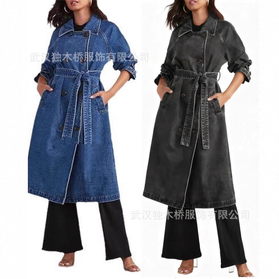 Women's Long Denim Trench Coat with Pockets Button-Up Loose Fit