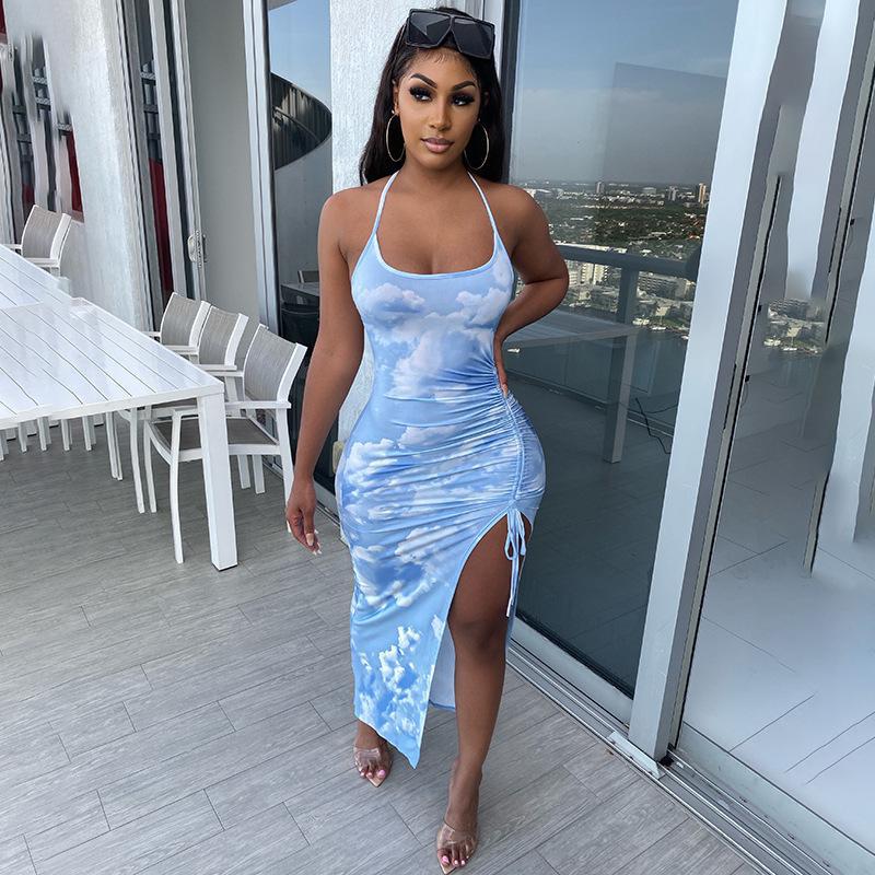 Printed Halter Neck High Slit Pleated Midi Dress