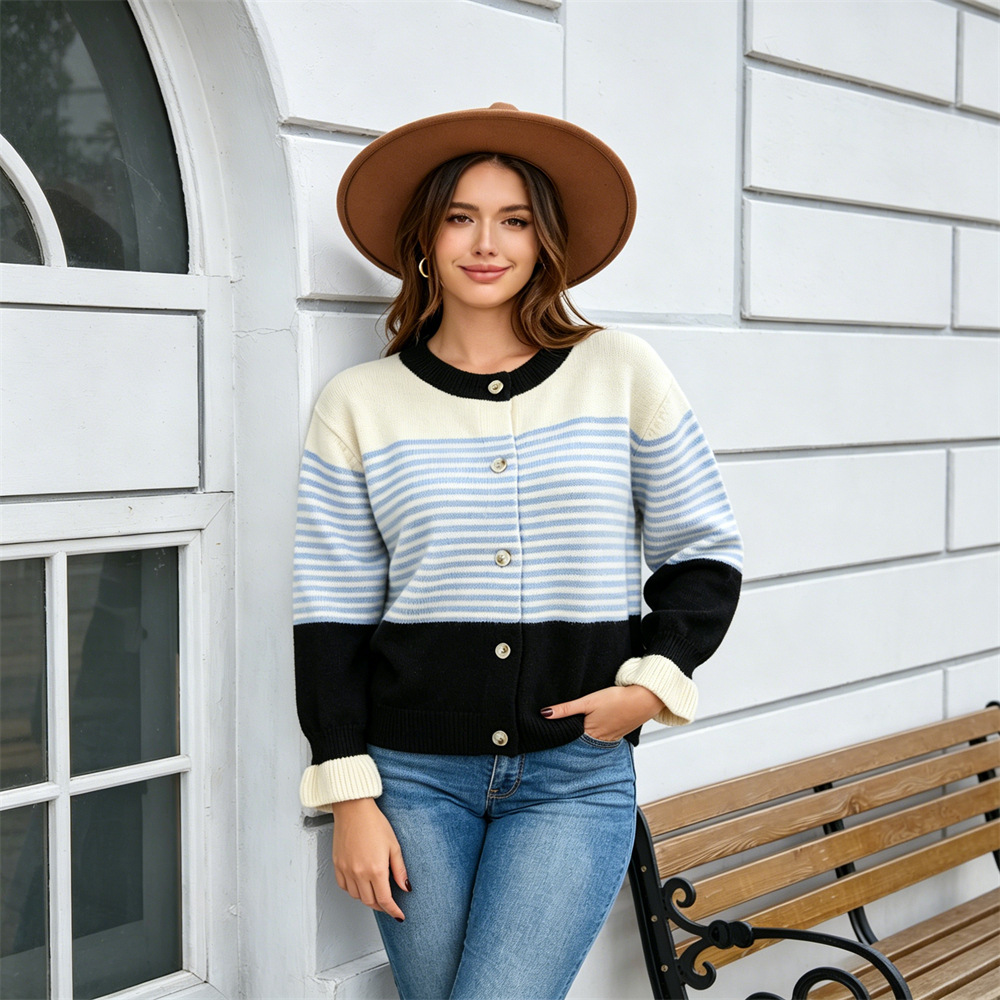 Color-Block Striped Crewneck Knit Cardigan Women's Loose Fit Sweater Coat