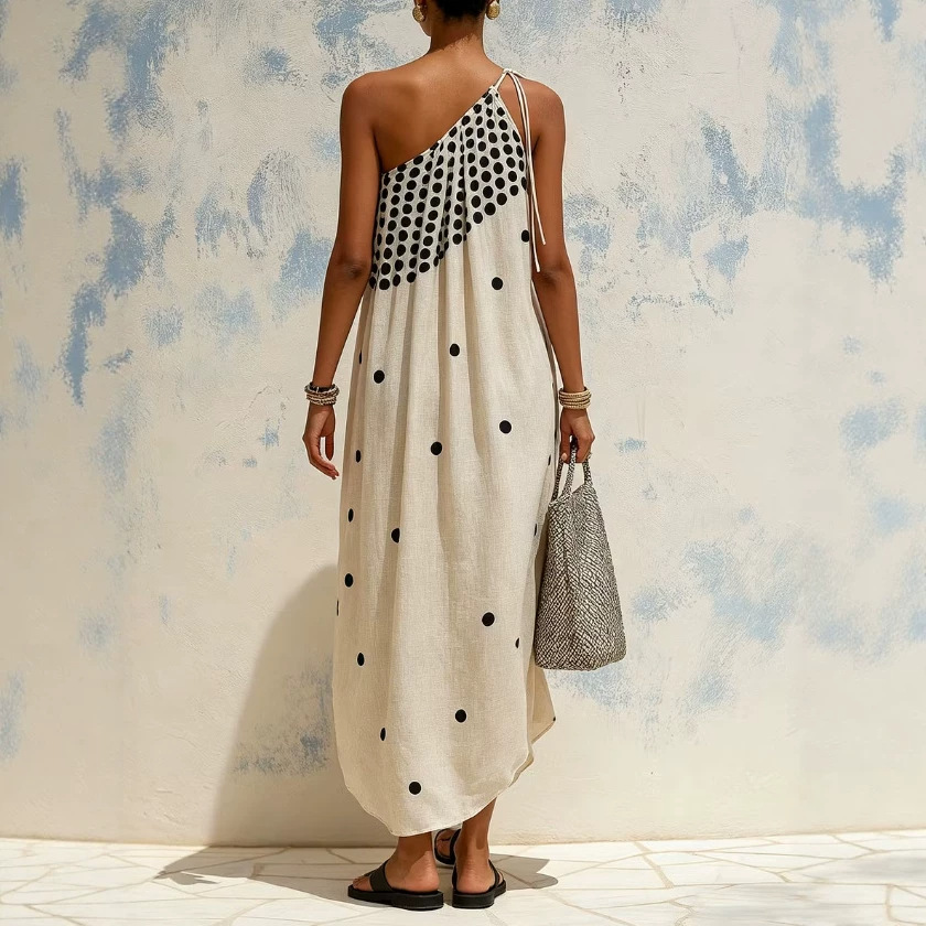 Women's Polka Dot One-Shoulder Tie Long Dress