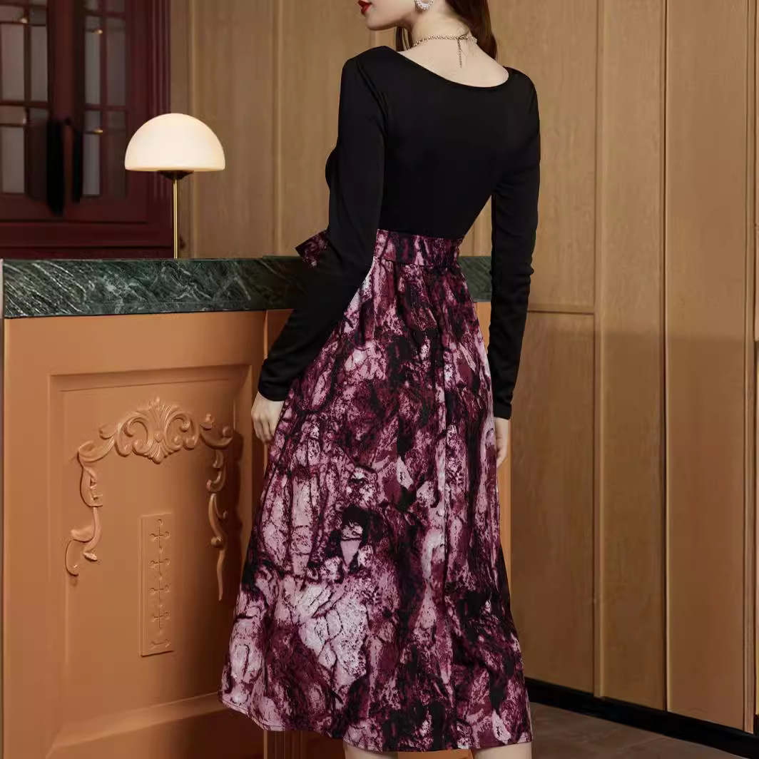 Women's Long Sleeve Floral Print Patchwork Dress