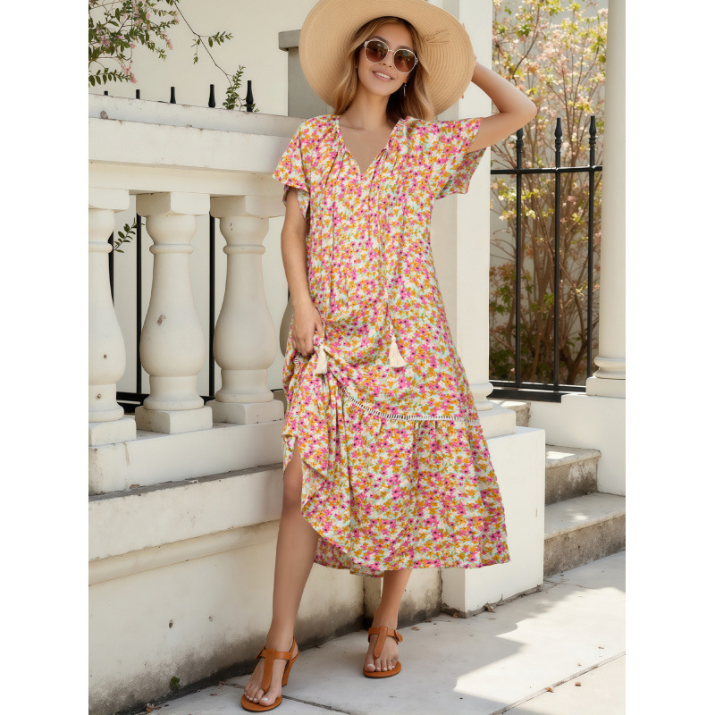 Floral Print Cutout Lace Ruffle Short Sleeve Dress