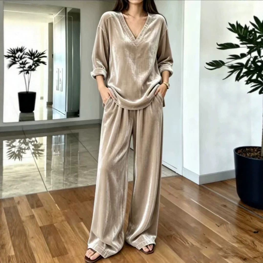 V-Neck Long-Sleeve Velvet Loose Loungewear Two-Piece Set