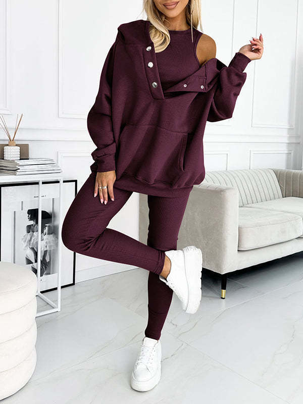 Women's Ribbed Hoodie Tank Top and Pants 3-Piece Set