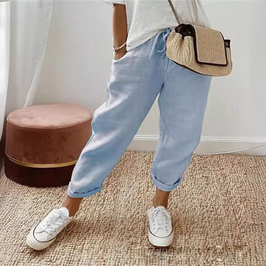 Women's Cotton-Linen Elastic Waist Cropped Pants Casual Loose Fit