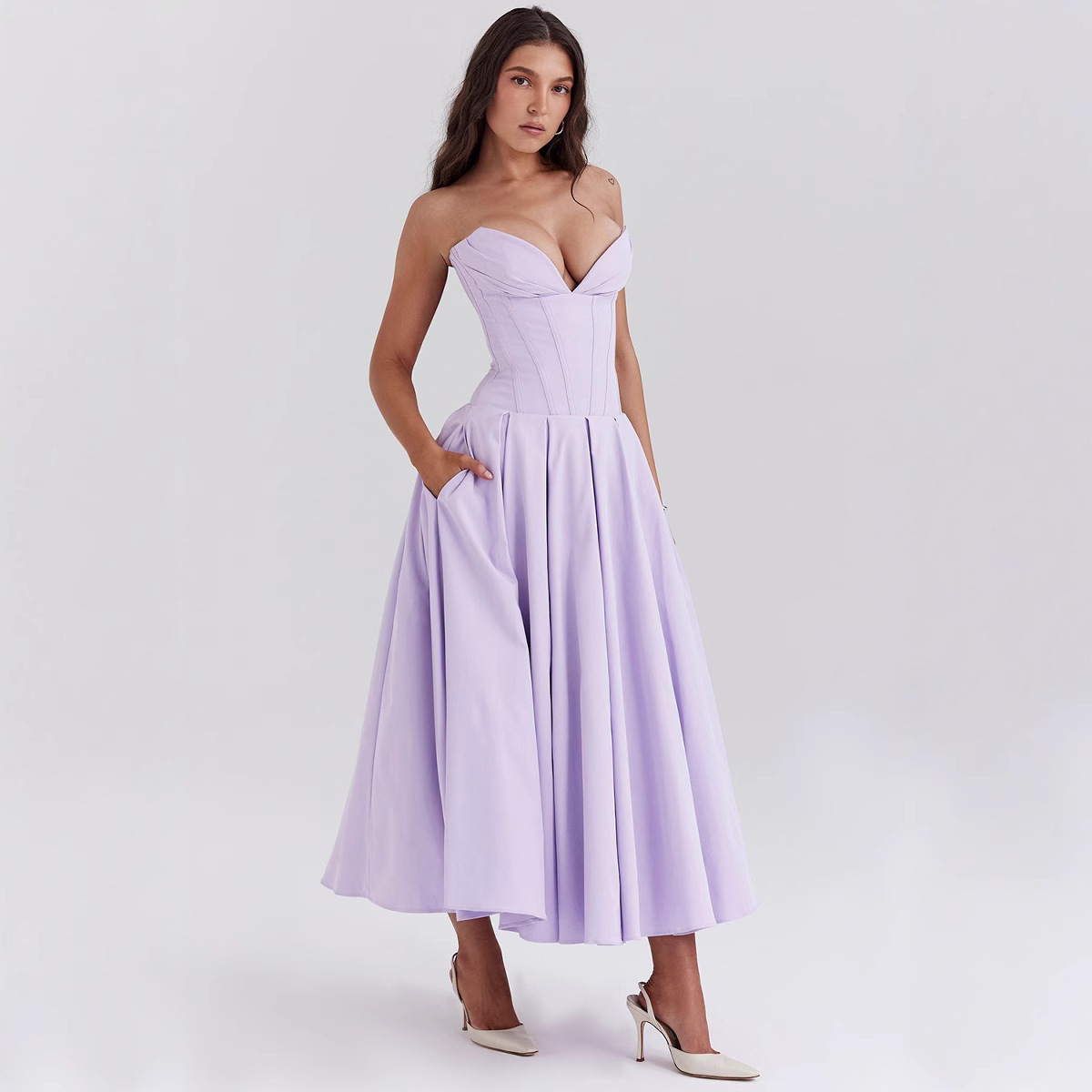 Women's Sleeveless Strapless Midi Dress Solid Color Slim Fit
