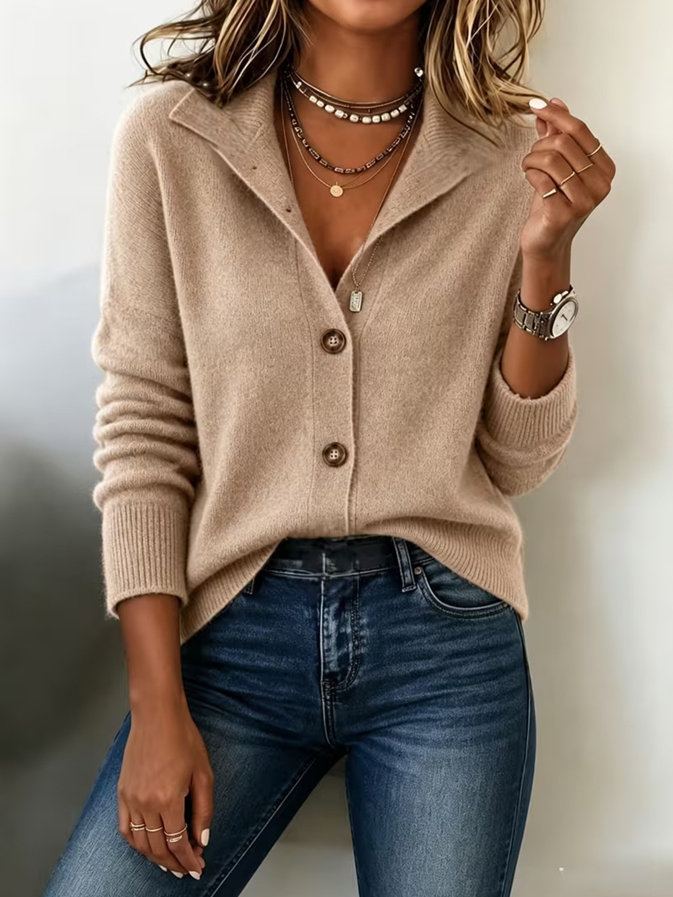 Women's Vintage Solid Stand Collar Cardigan Loose Casual Jacket