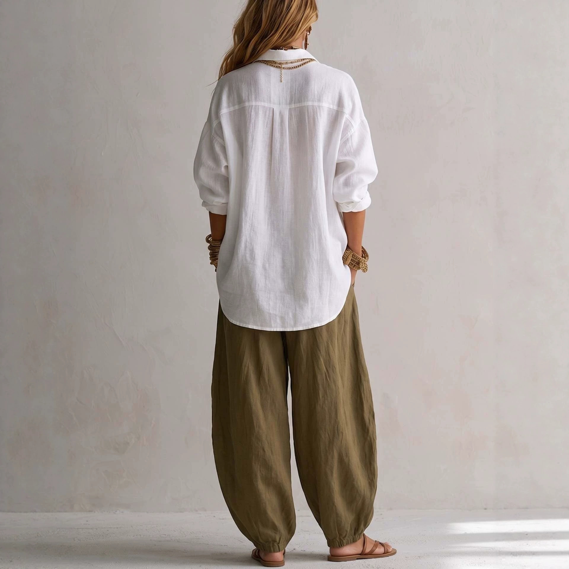 Women's Loose Long Sleeve Collared Cardigan and Pants Two-Piece Set