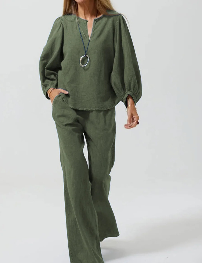 Women's Cotton-Linen V-Neck Long-Sleeve Top & Straight-Leg Pants Set