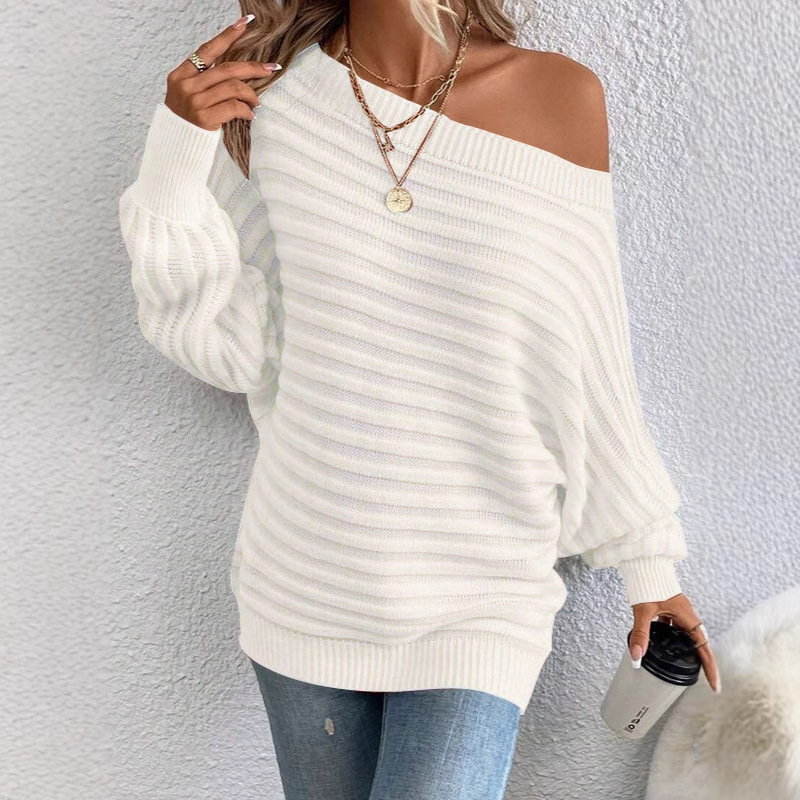 Women's Solid Ribbed Boat Neck Batwing Sleeve Knit Sweater