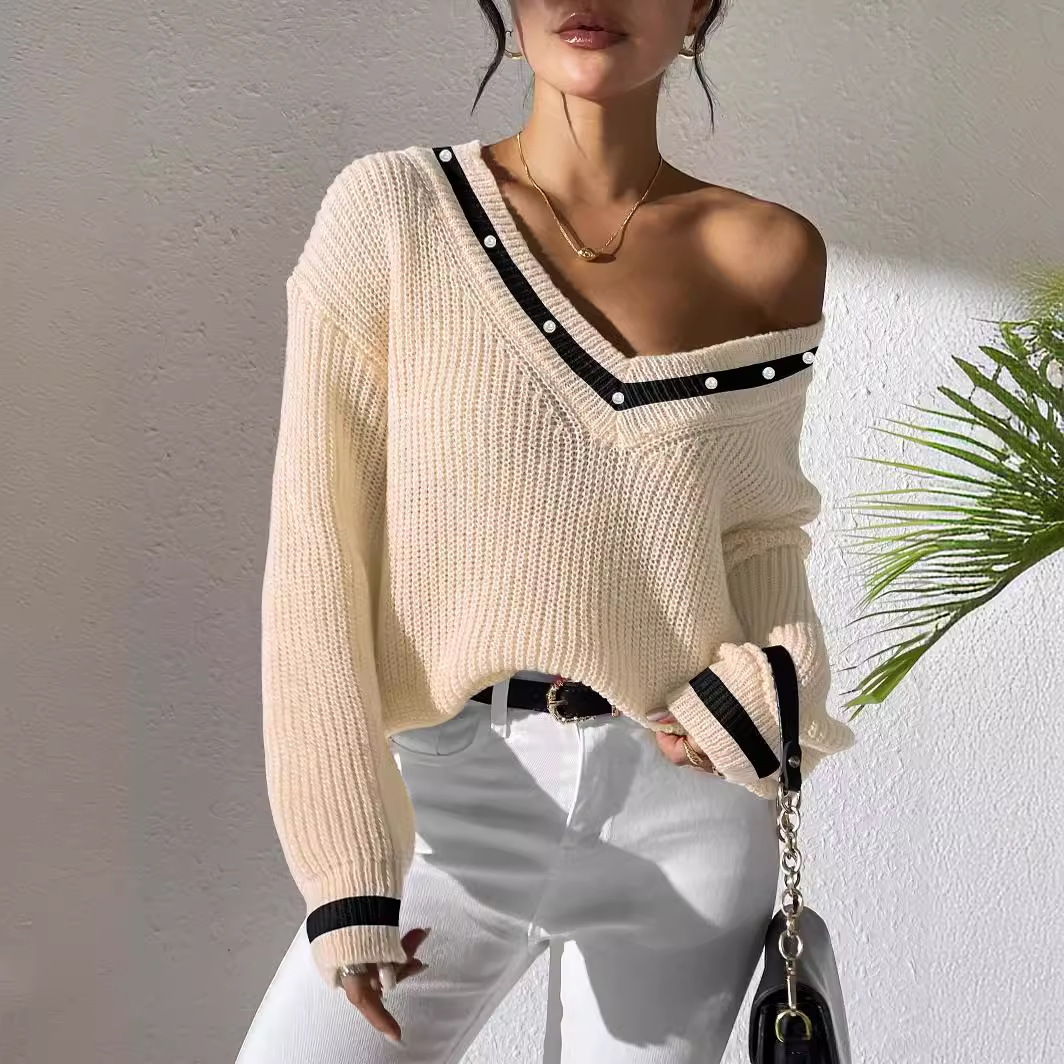 Preppy Colorblock V-Neck Beaded Knit Sweater