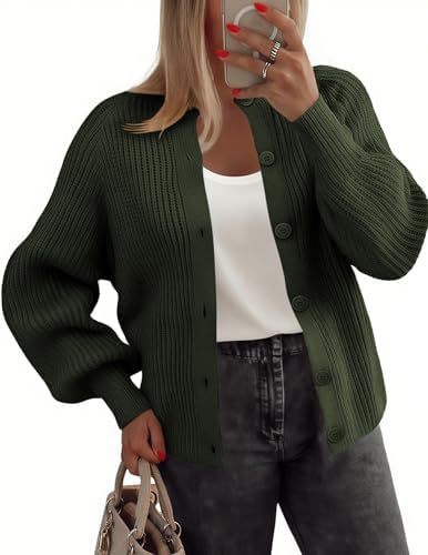 Women's Chunky Knit Button-Front Cardigan Sweater Long Sleeve Crew Neck