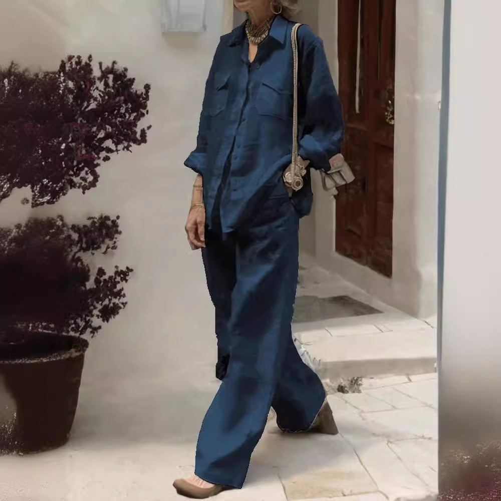 Women's Cotton Two-Piece Shirt and Pants Set Long Sleeve Loose Fit
