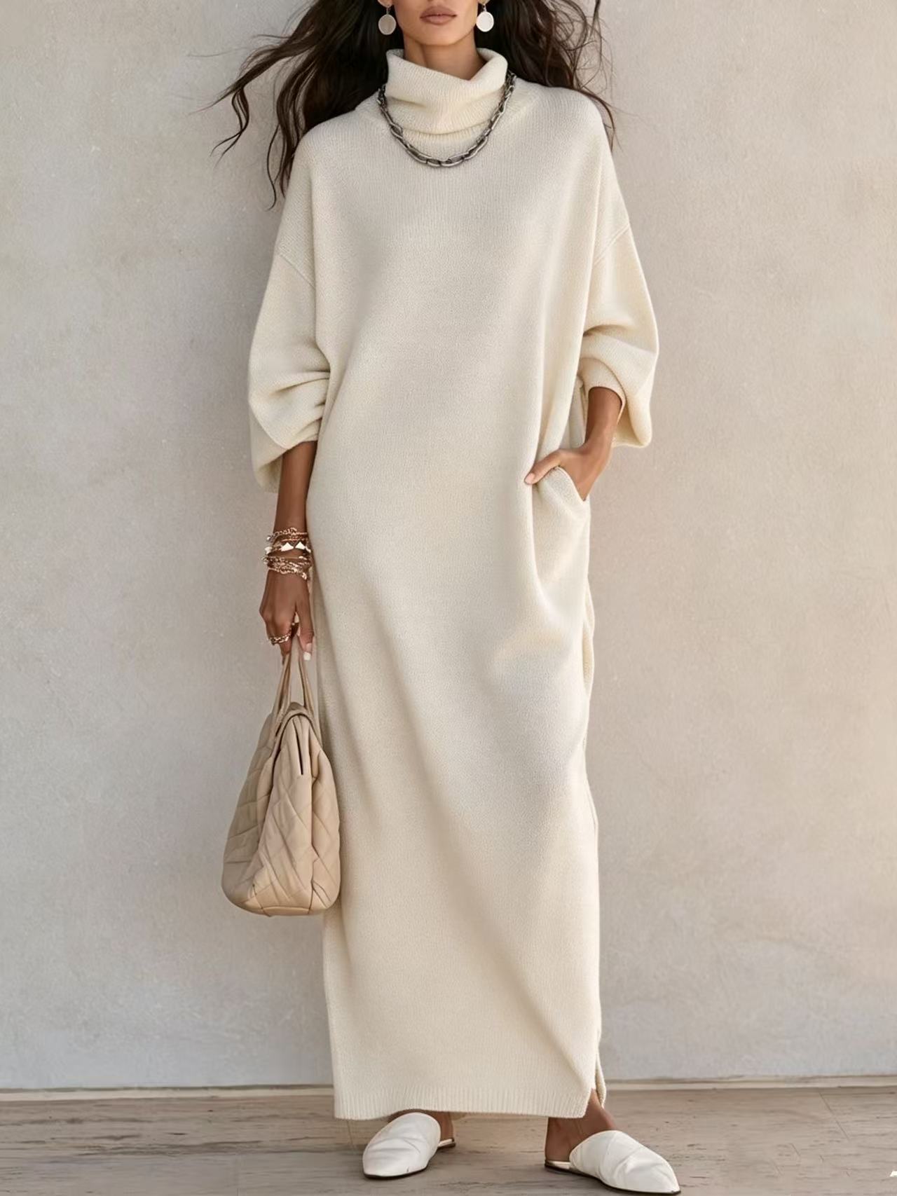 Solid Color Long Sleeve Split Hem A-Line Dress