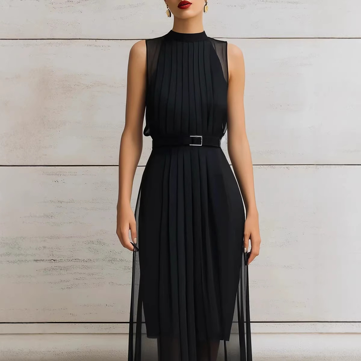 Black High Neck Sleeveless Mesh Panel Bodycon Midi Dress