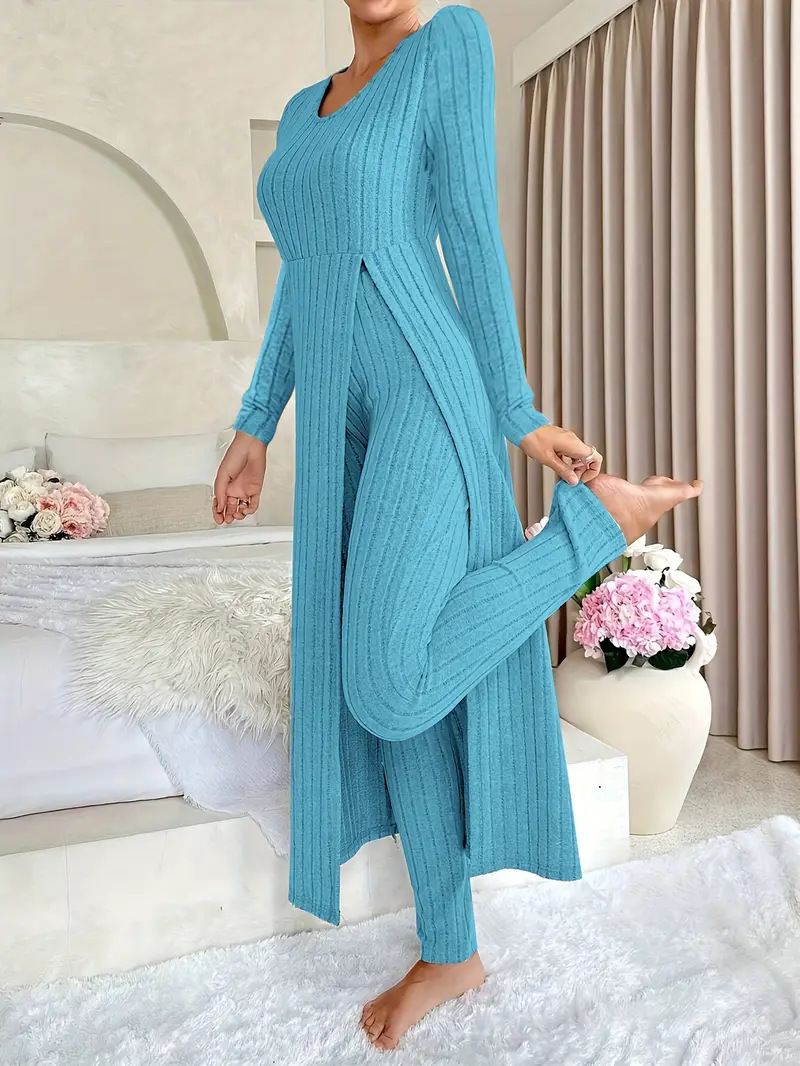 Women's Two-Piece Set with Split Hem Long Sleeve Top