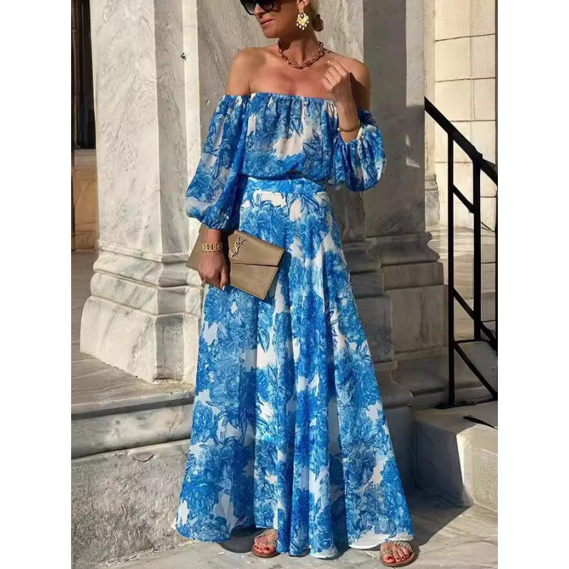 Off-Shoulder Floral Print High-Waist Elegant Midi Dress