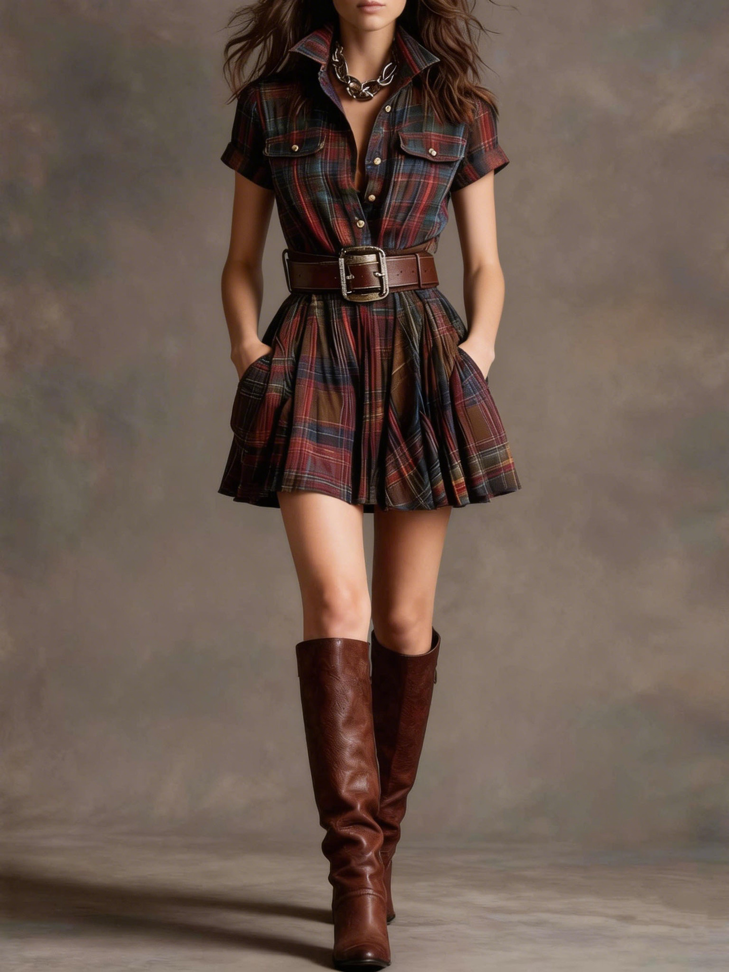 Women's Retro Plaid Short Sleeve Shirt Dress with Pockets