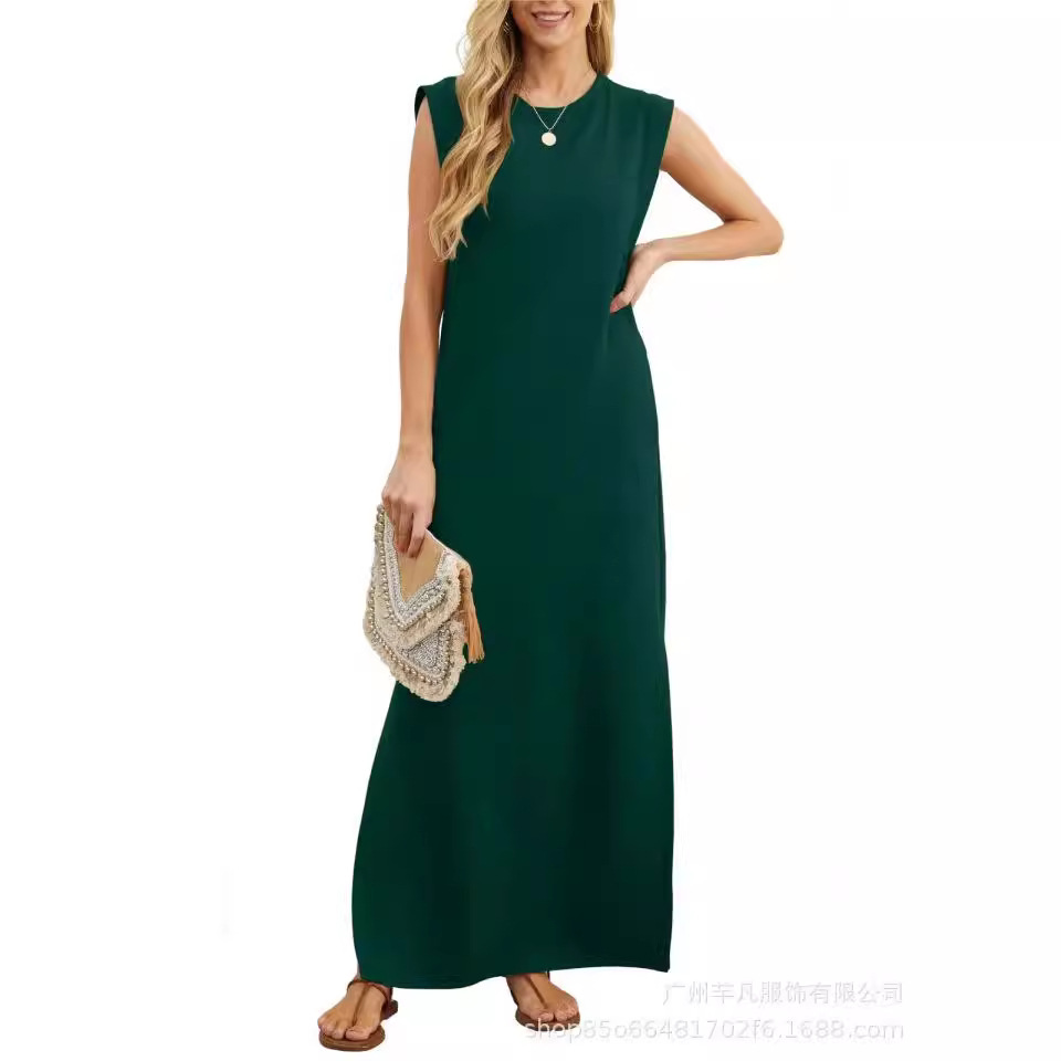 Women's Summer Casual Loose Long A-Line Dress Sleeveless Round Neck