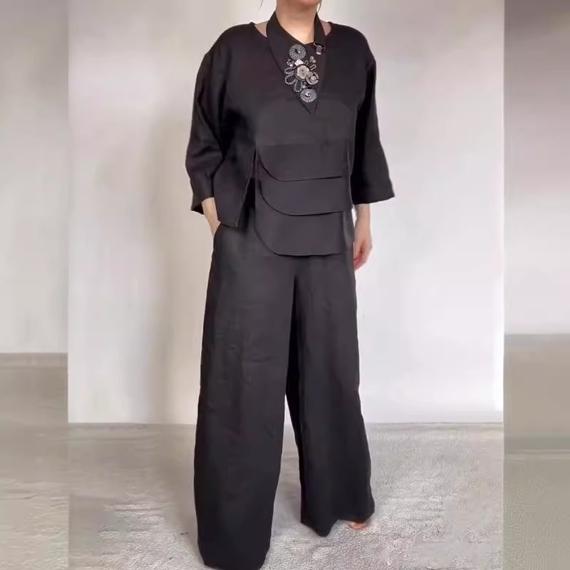 Crewneck Satin Layered Top & Wide-Leg Pants Set