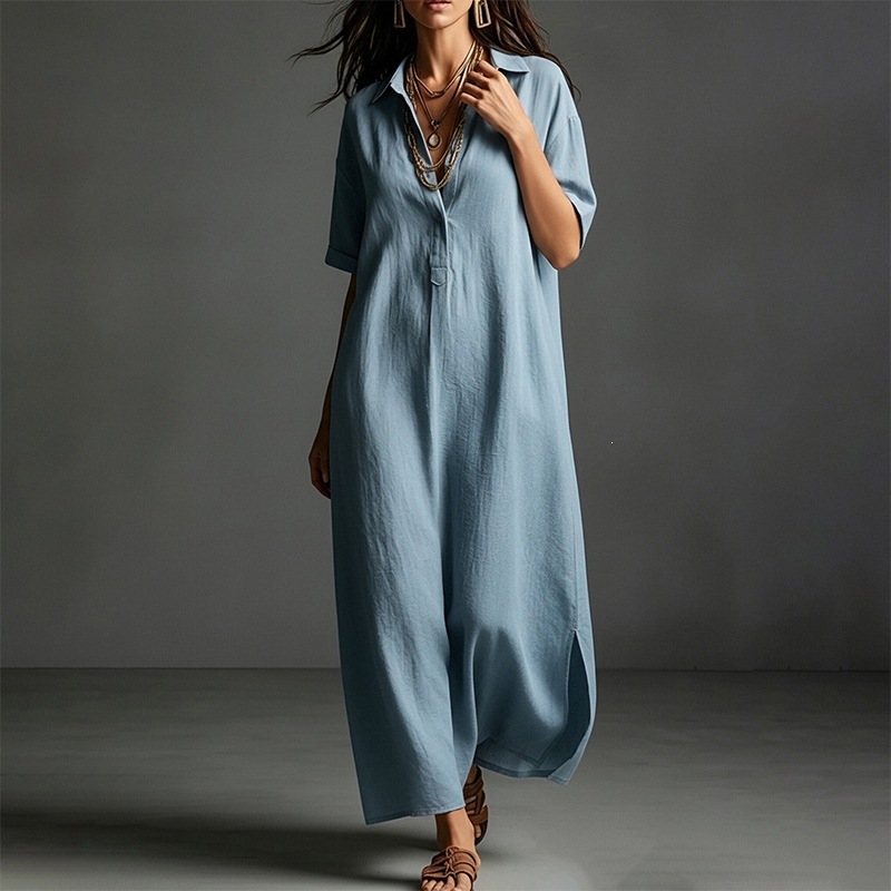 Women's Casual Solid Color Short Sleeve Collared Long Dress