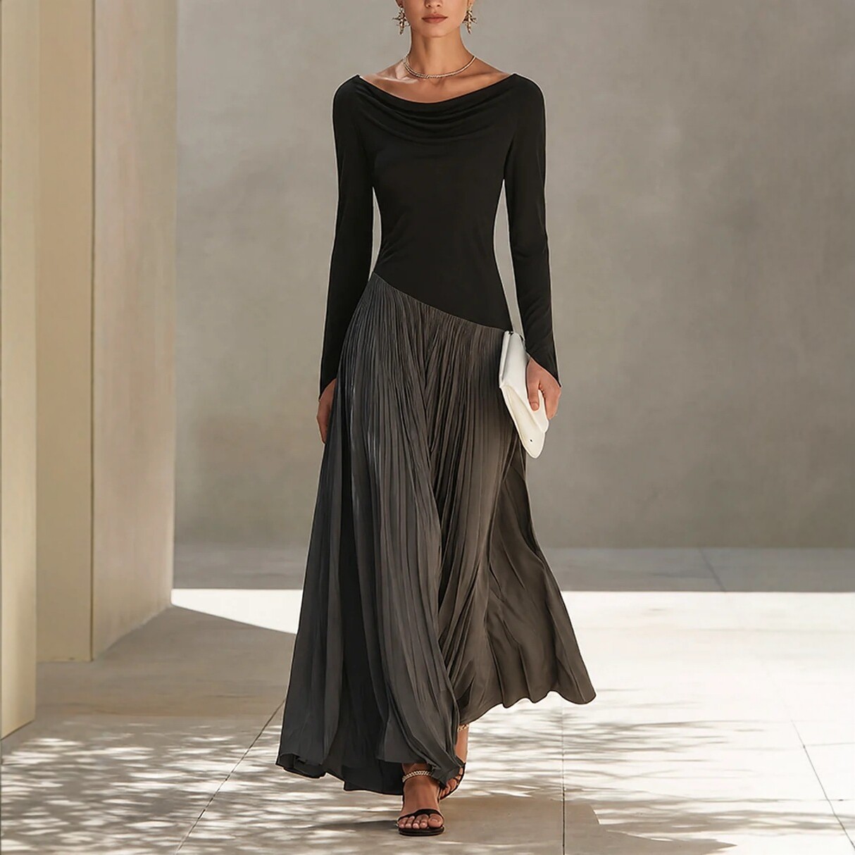 Draped Neck Long Sleeve Colorblock Maxi Dress with Pleated Panel Flowing Skirt