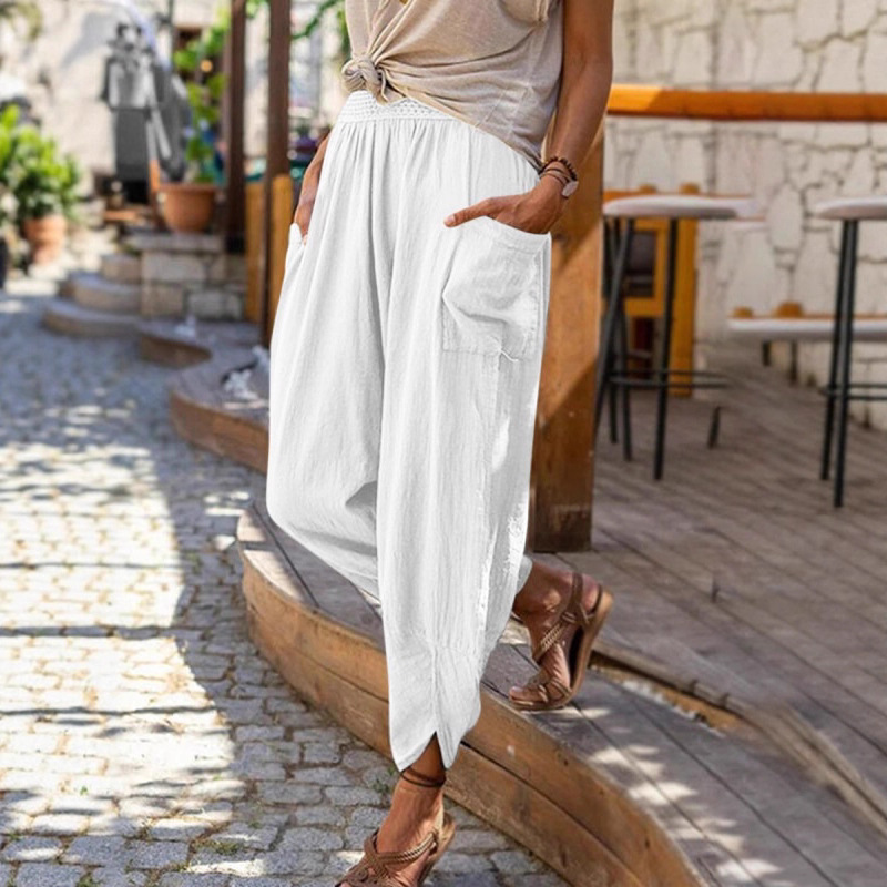 Women's Cotton Linen Wide Leg Harem Pants Casual Beach Trousers