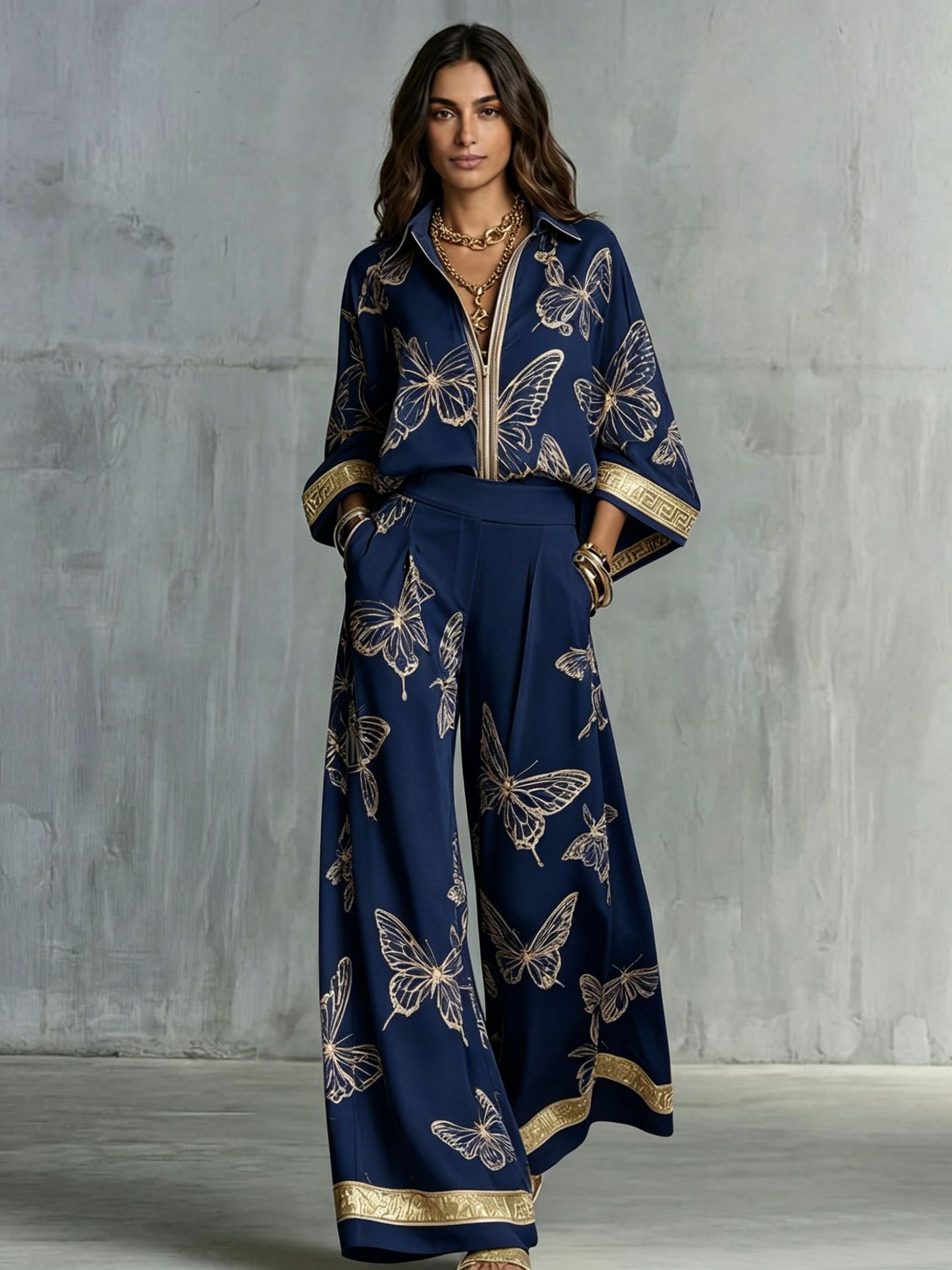 Women's Vintage Print Deep V Zip Top & Wide-Leg Pants Set