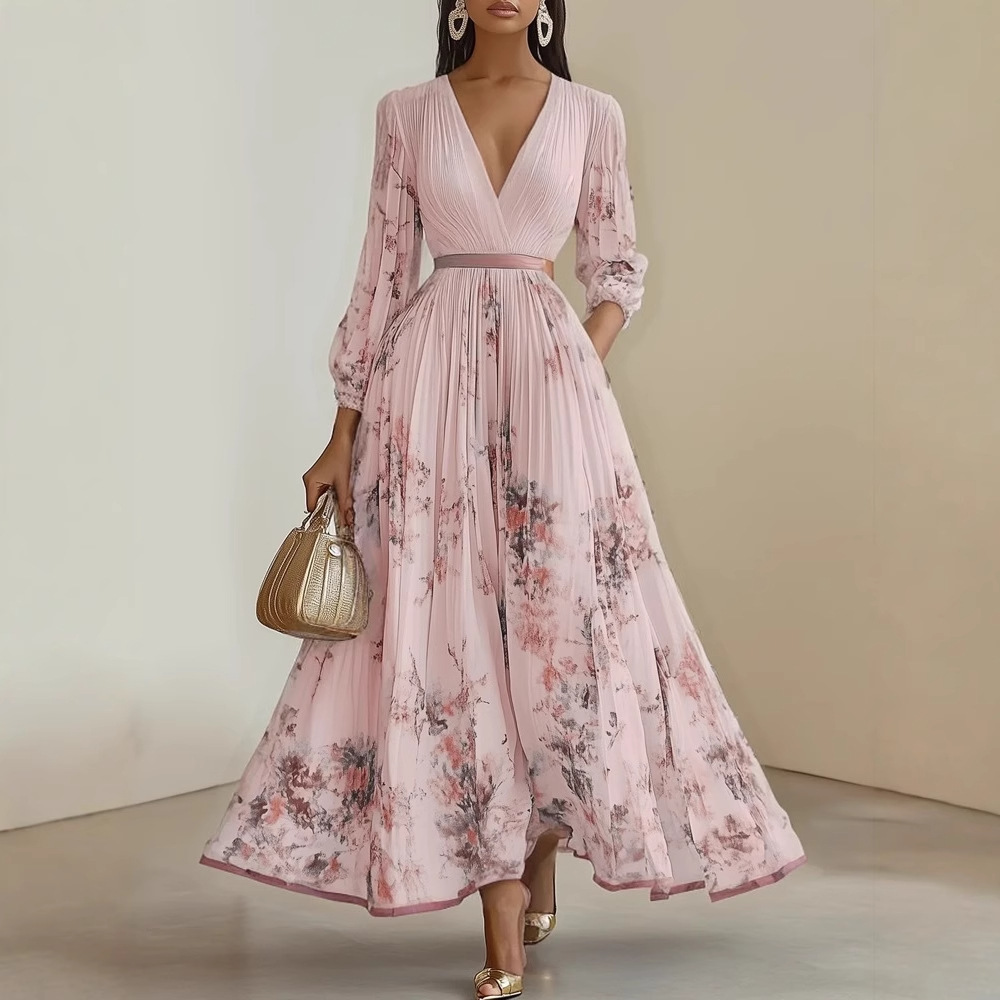 Elegant Floral Print V-Neck Waist-Cinching French Dress