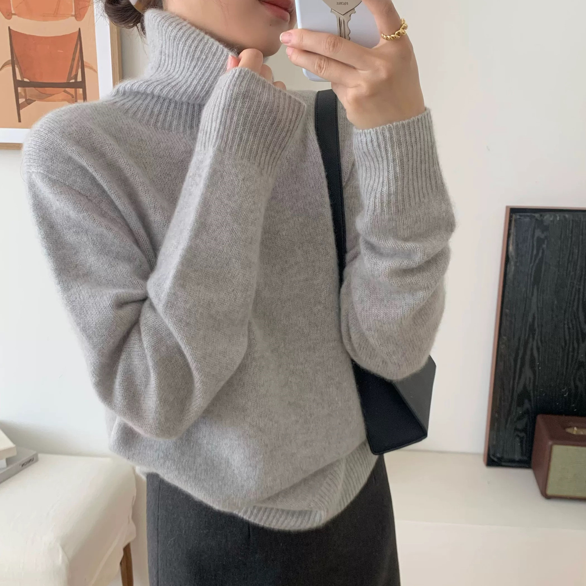 Women's Gray Turtleneck Thickened Sweater Lazy Style Solid Knit Pullover