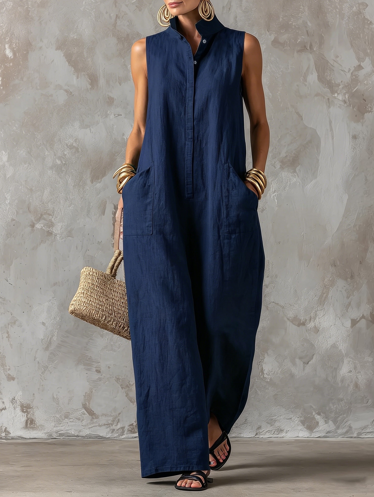 Women's Sleeveless Linen-Blend Jumpsuit with Stand Collar, Button Front, Wide Leg