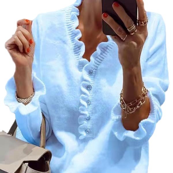 Women's Long Sleeve Ruffle Knit Top V-Neck Beaded