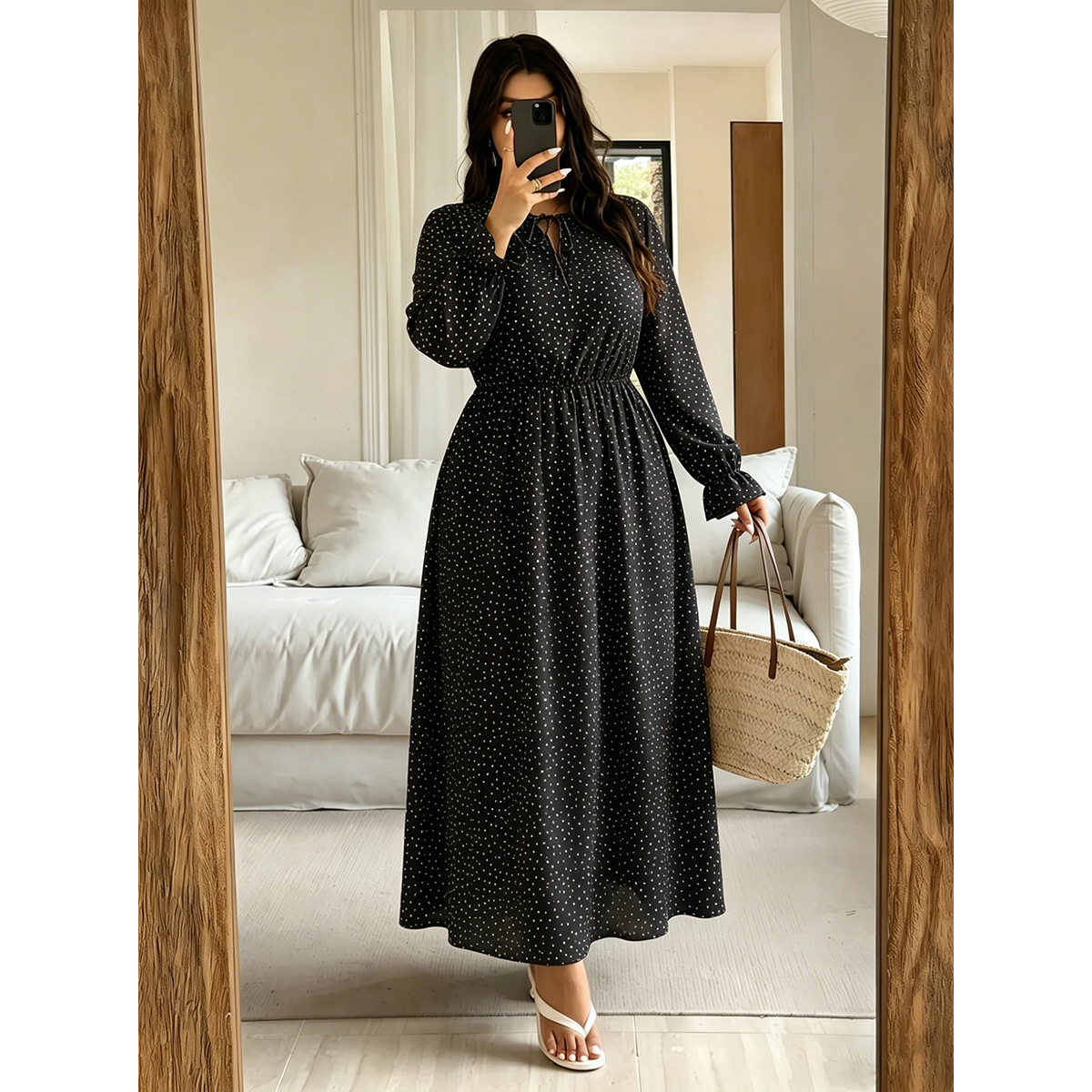 Plus Size Polka Dot V-Neck Tie-Waist Long Sleeve Maxi Dress