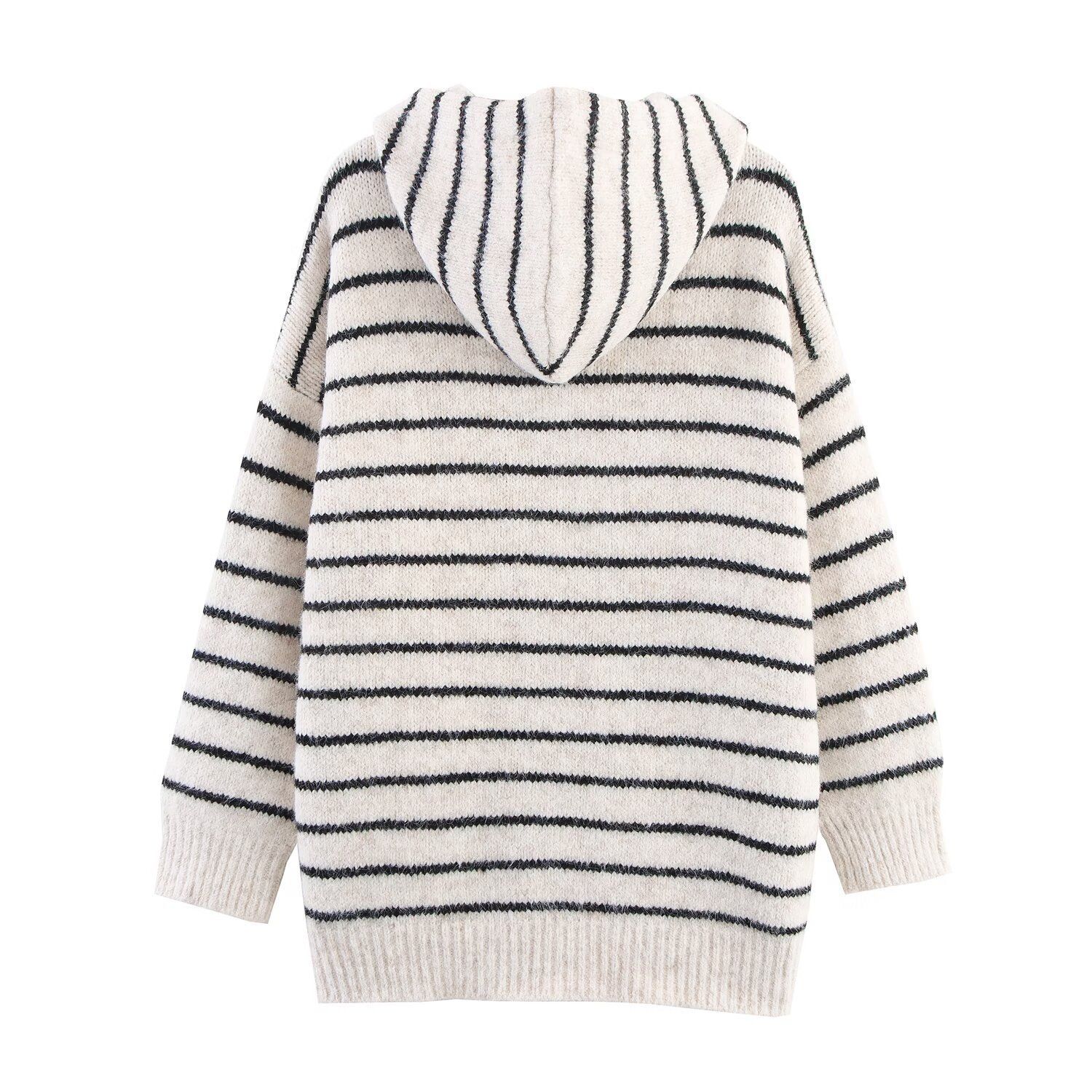 Striped Color-Block Hooded Knit Cardigan Sweater