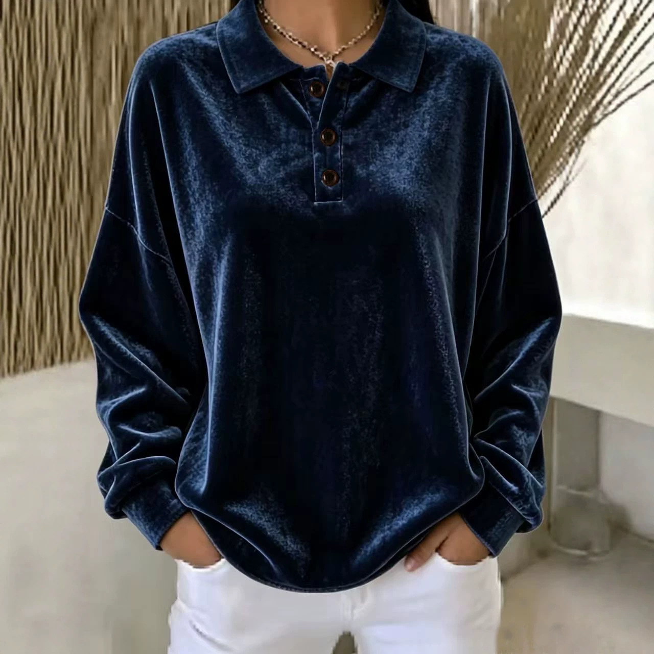Women's Long-Sleeve Polo Collar Sweatshirt Top