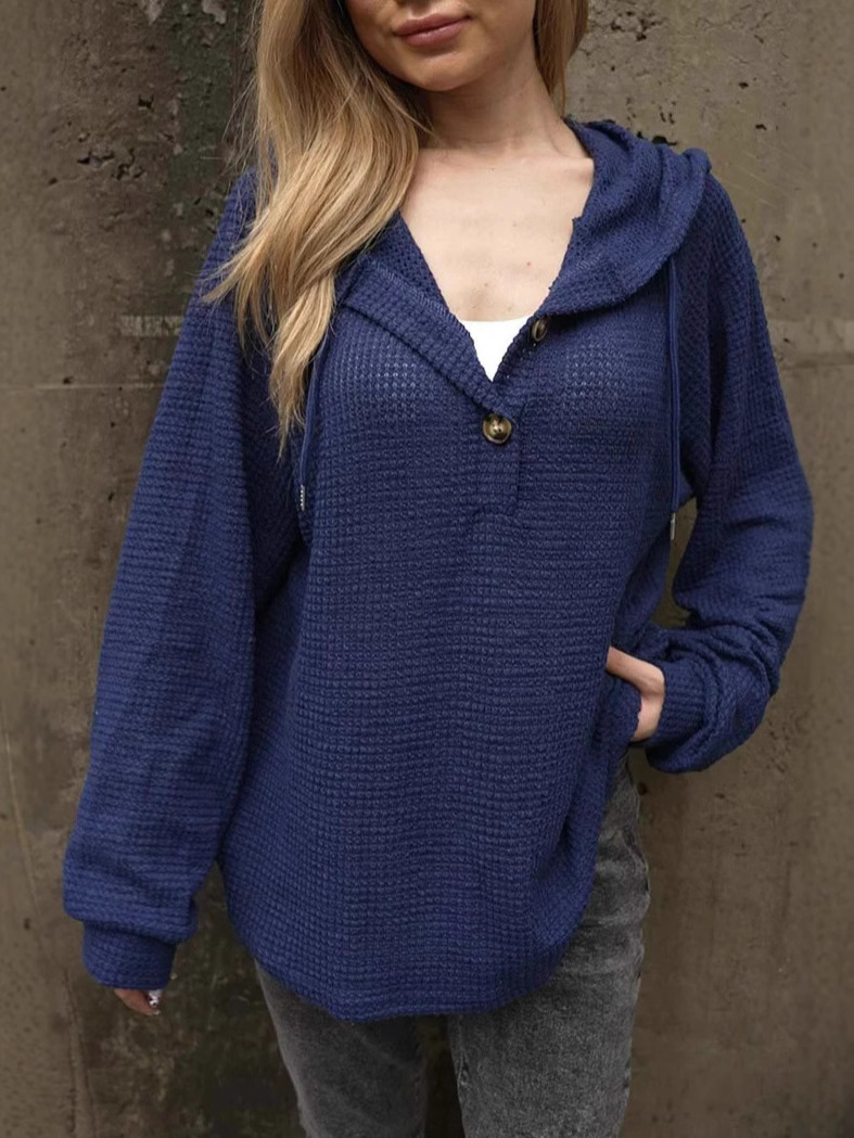 Pineapple Grid Textured Button Drawstring Hooded V-Neck Loose Long-Sleeve Sweatshirt