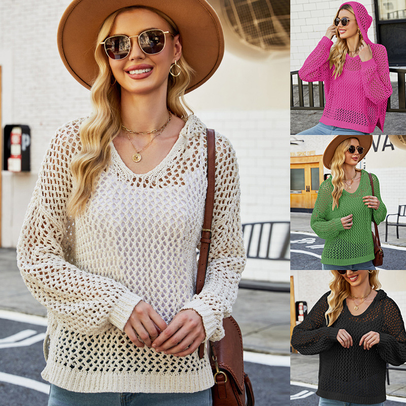 Women's Loose Long Sleeve Hollow Out Hooded Sweater