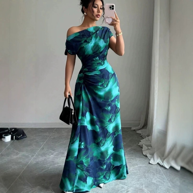 Printed One-Shoulder Bodycon Midi Dress with Pleated Details