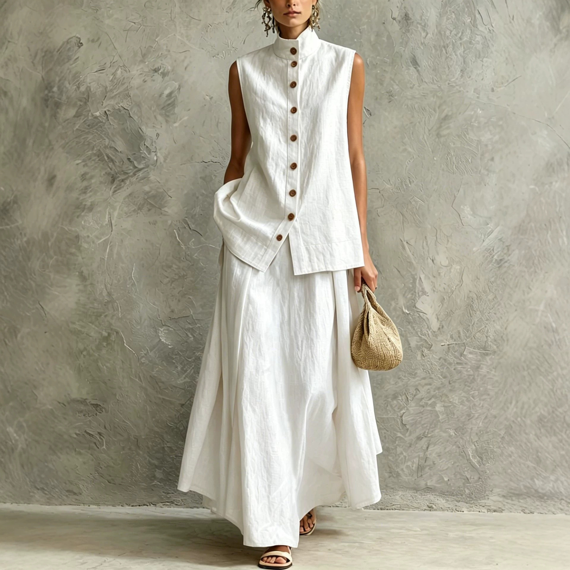 Women's Solid Color Button-Down Shirt and Midi Skirt Set