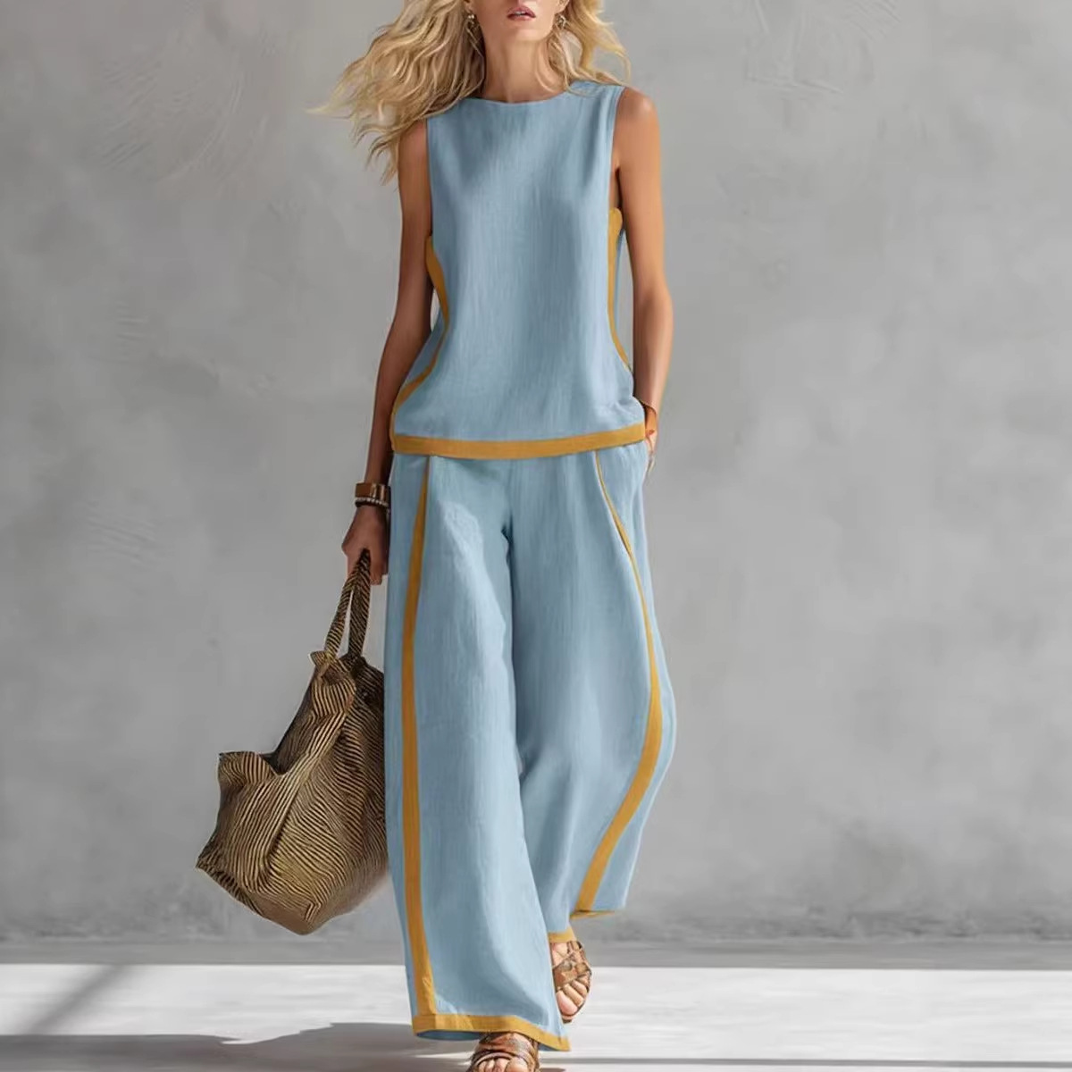 Women's Sleeveless Color-Block Wide-Leg Pant Set Casual Two-Piece