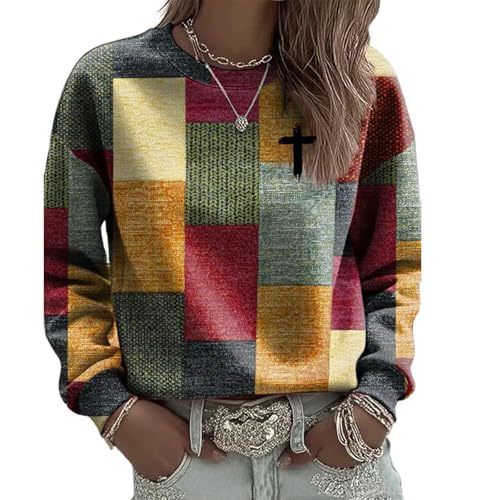 Women's Plaid Cross Floral Book Print Crewneck Sweatshirt