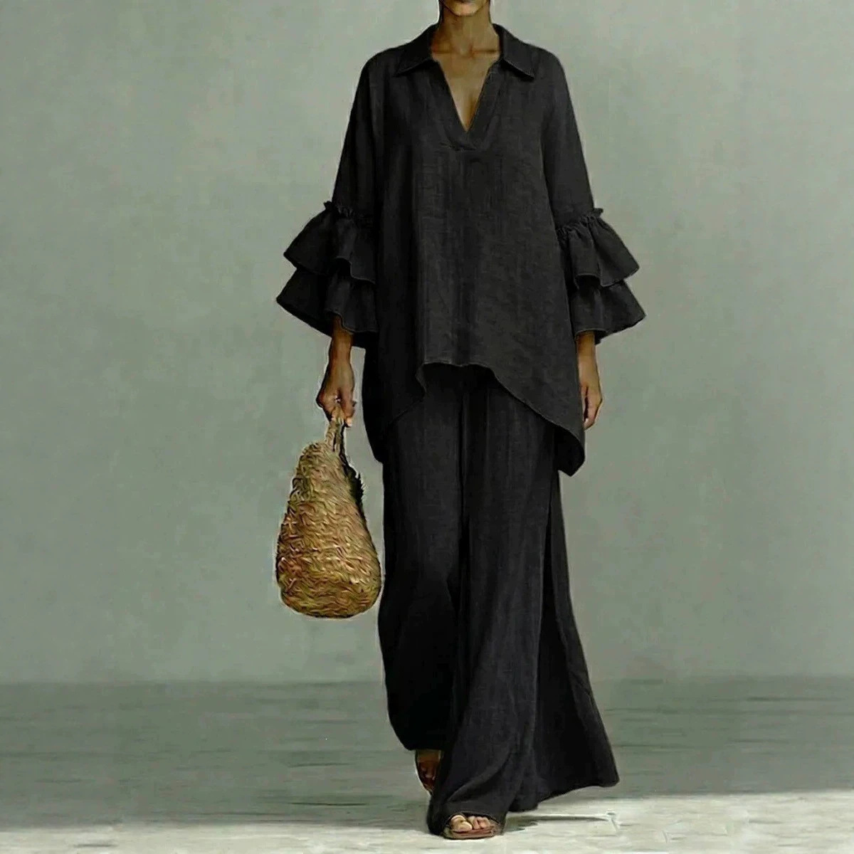 Women's Casual Solid Color Shirt Collar Loose Two-Piece Set